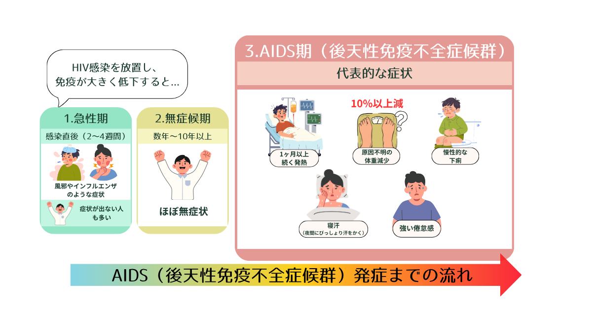 HIV感染から放置するとAIDSを発症するリスクを示した図
